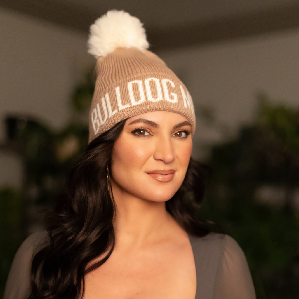 Bulldog Mom Knit Faux Pom Beanie