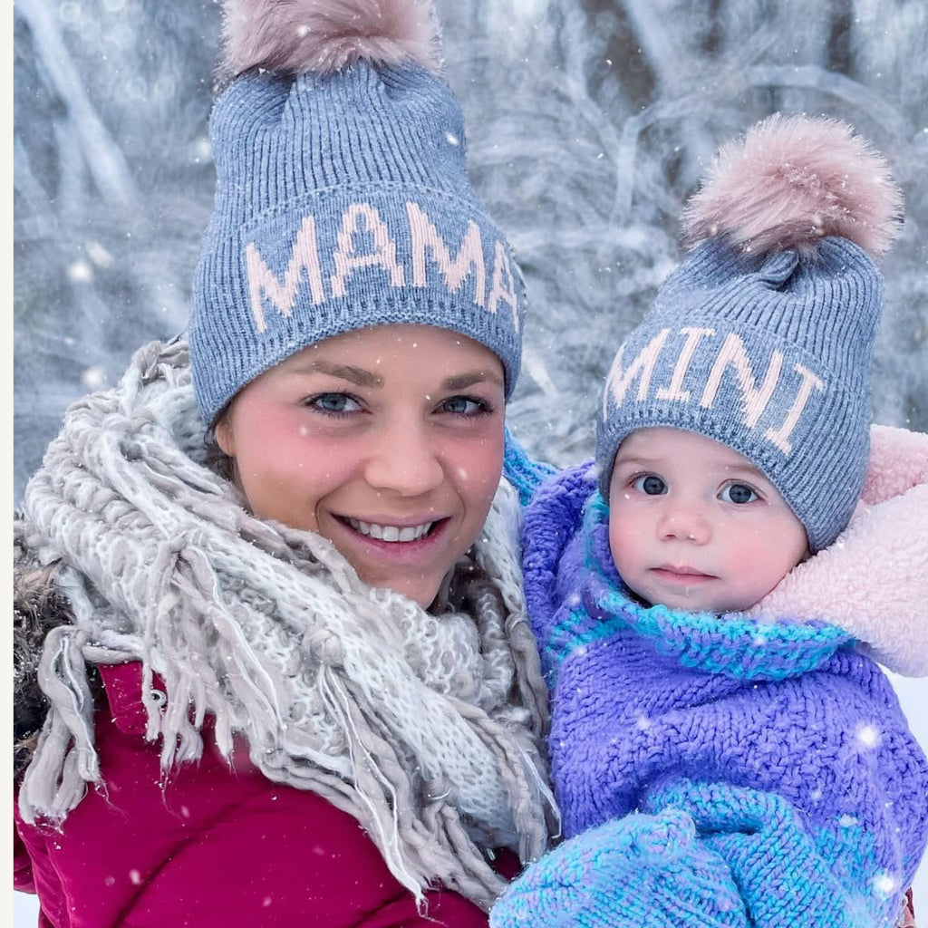 Mama & Mini Knit Faux Pom Beanie Set