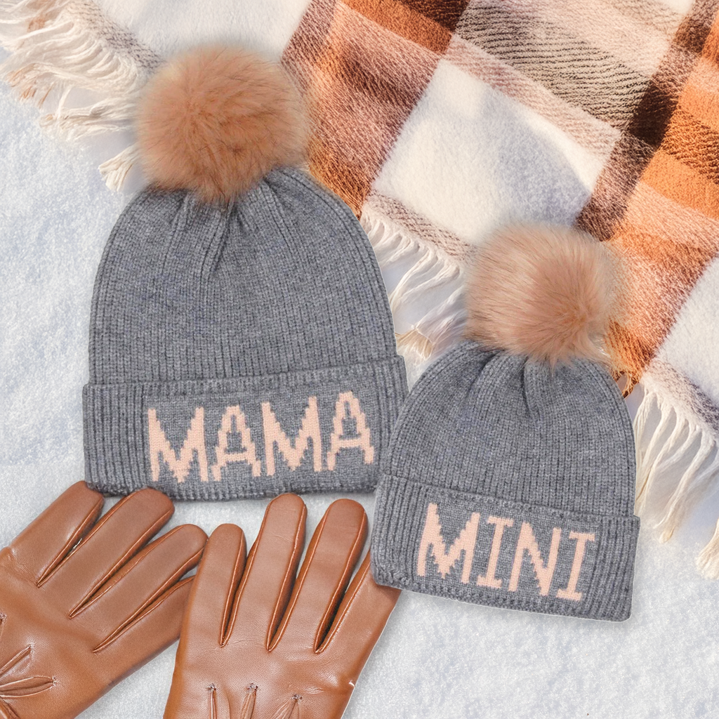 Mama & Mini Knit Faux Pom Beanie Set