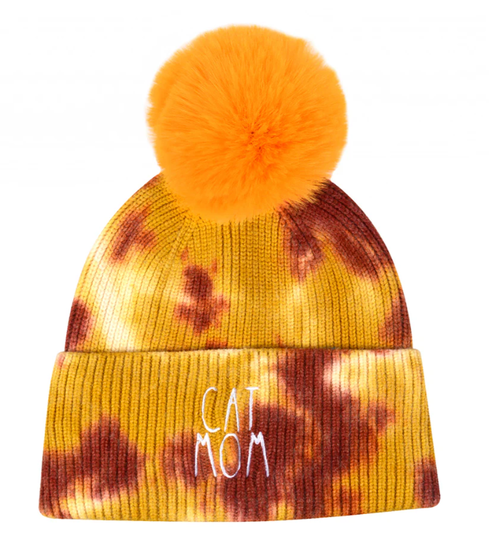 Cat Mom Tie Dye Knit Faux Pom Beanie