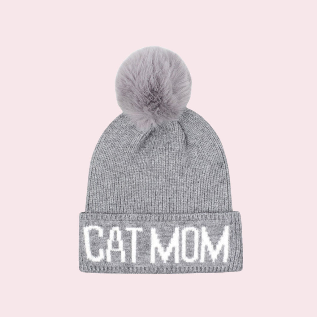 Cat Mom Knit Faux Pom Beanie
