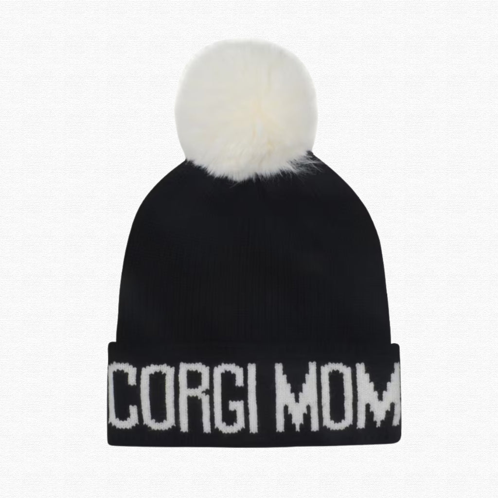 Corgi Mom Knit Faux Pom Beanie