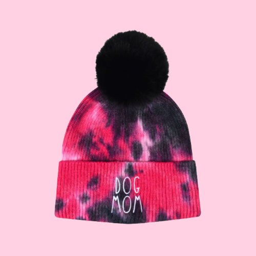 Dog Mom Tie Dye Knit Faux Pom Beanies