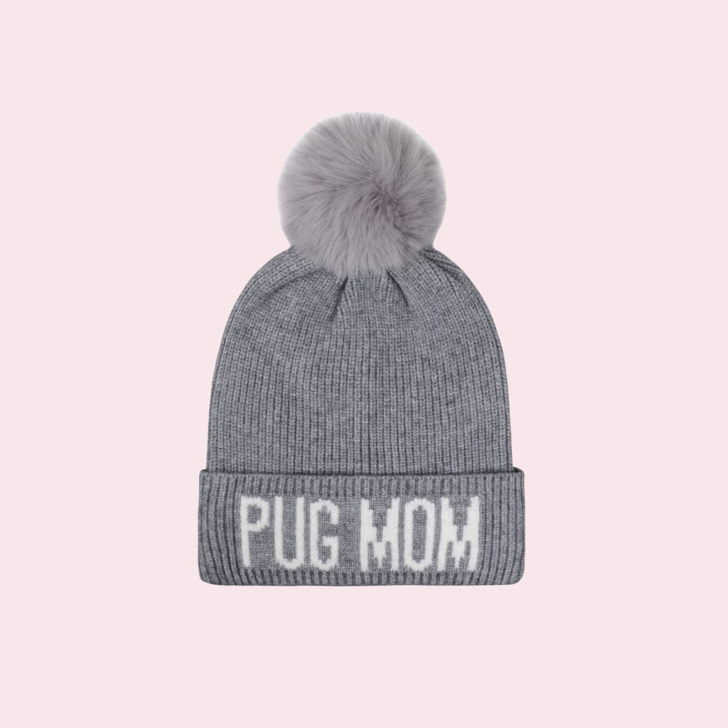 Pug Mom Knit Faux Pom Beanie