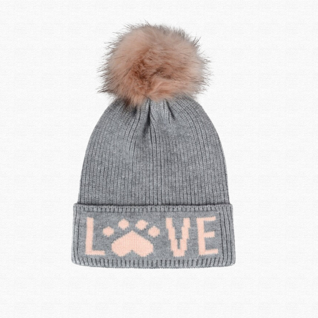 Love Paw Knit Faux Pom Beanie